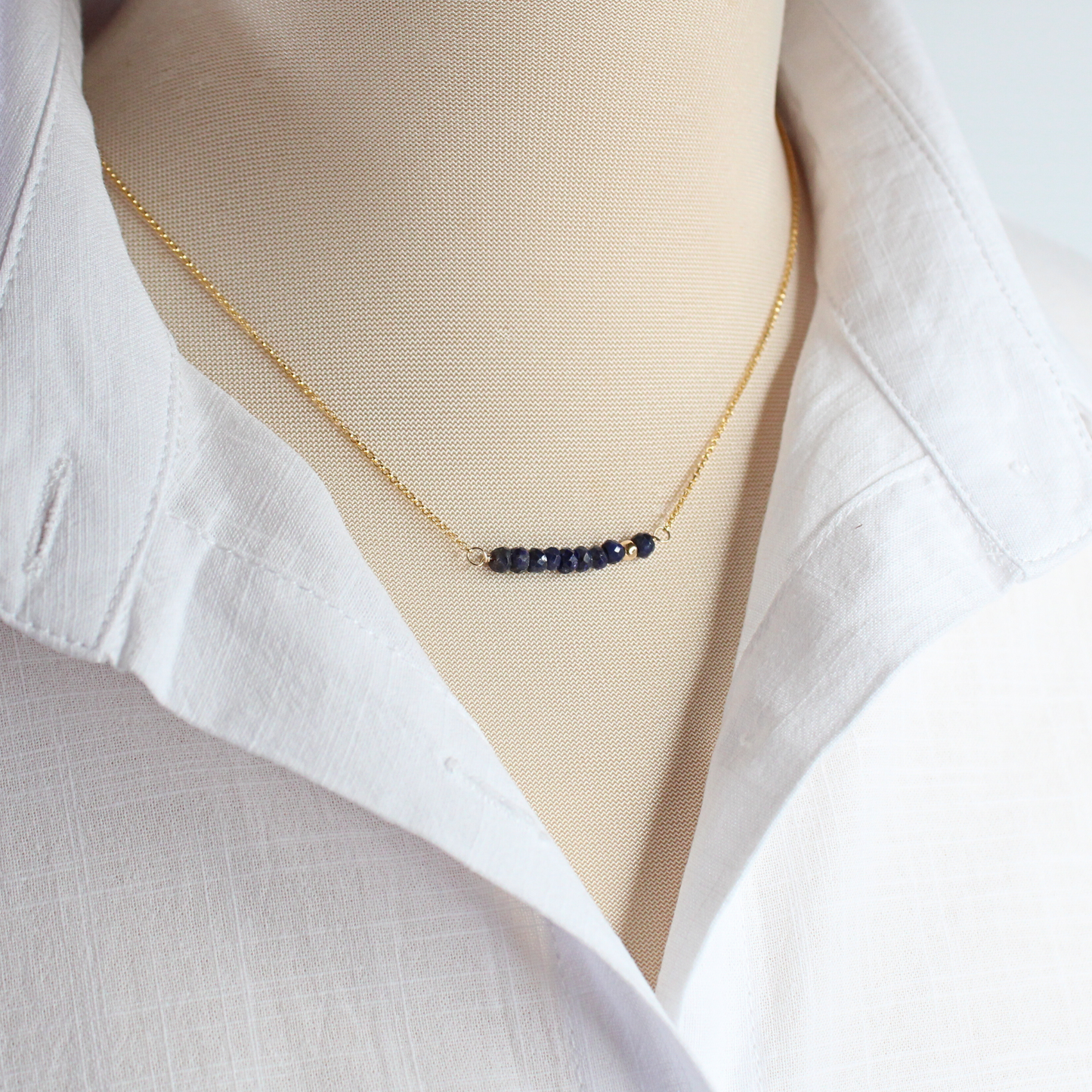 Blue Sapphire Birthstone Bar Necklace Gold Filled