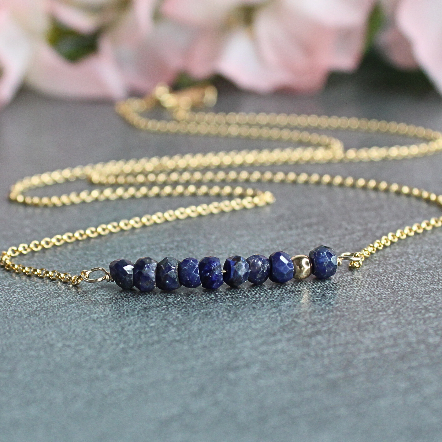 Blue Sapphire Birthstone Bar Necklace Gold Filled