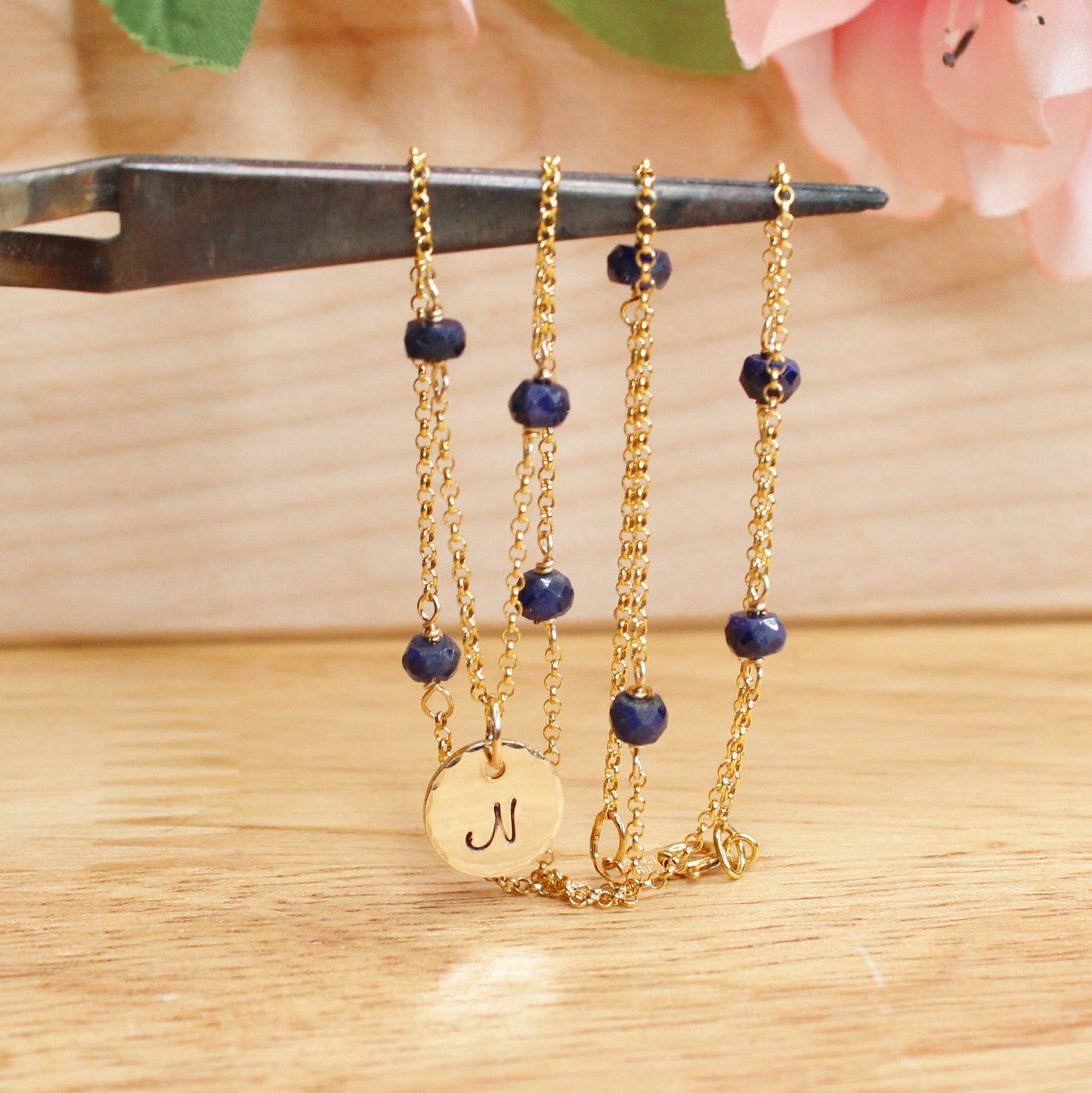 Blue Sapphire Birthstone Station Chain with Initial Charm - Gold-Filled