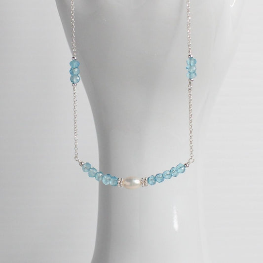 Blue Topaz Pearl & Sterling Silver Necklace - Sky Blossom