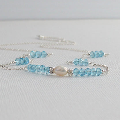 Blue Topaz Pearl & Sterling Silver Necklace - Sky Blossom