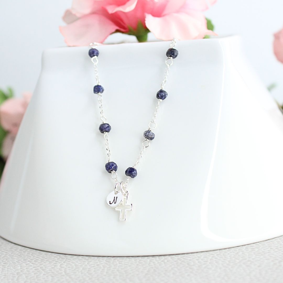 Tiny Cross and Initial Charm on Birthstone Station Chain