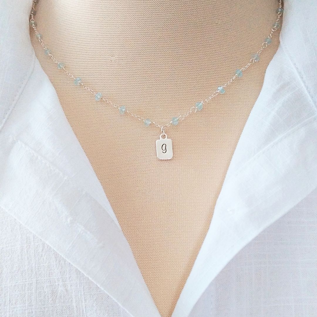 Blue Topaz Necklace with love Drop Initial Charm Sterling Silver - Darby