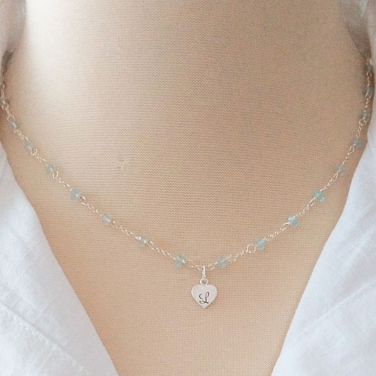 Blue Topaz Necklace with love Drop Initial Charm Sterling Silver - Darby