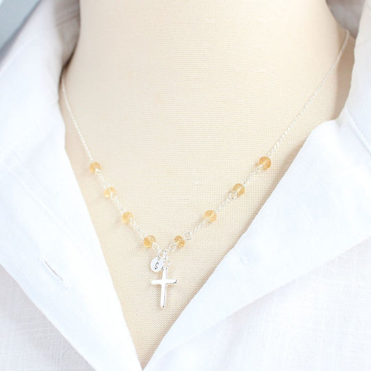 Plain Cross on Birthstone Station Chain with Tiny Love Drop Initial- Sterling Silver