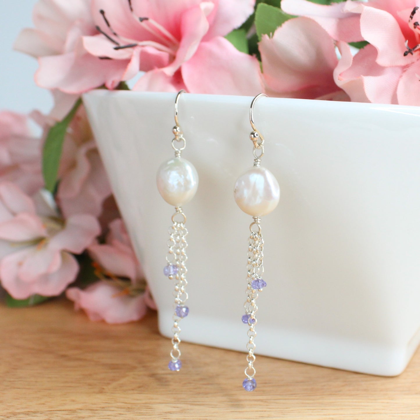 Coin Pearl and Tanzanite Dangle Earrings - Sydney