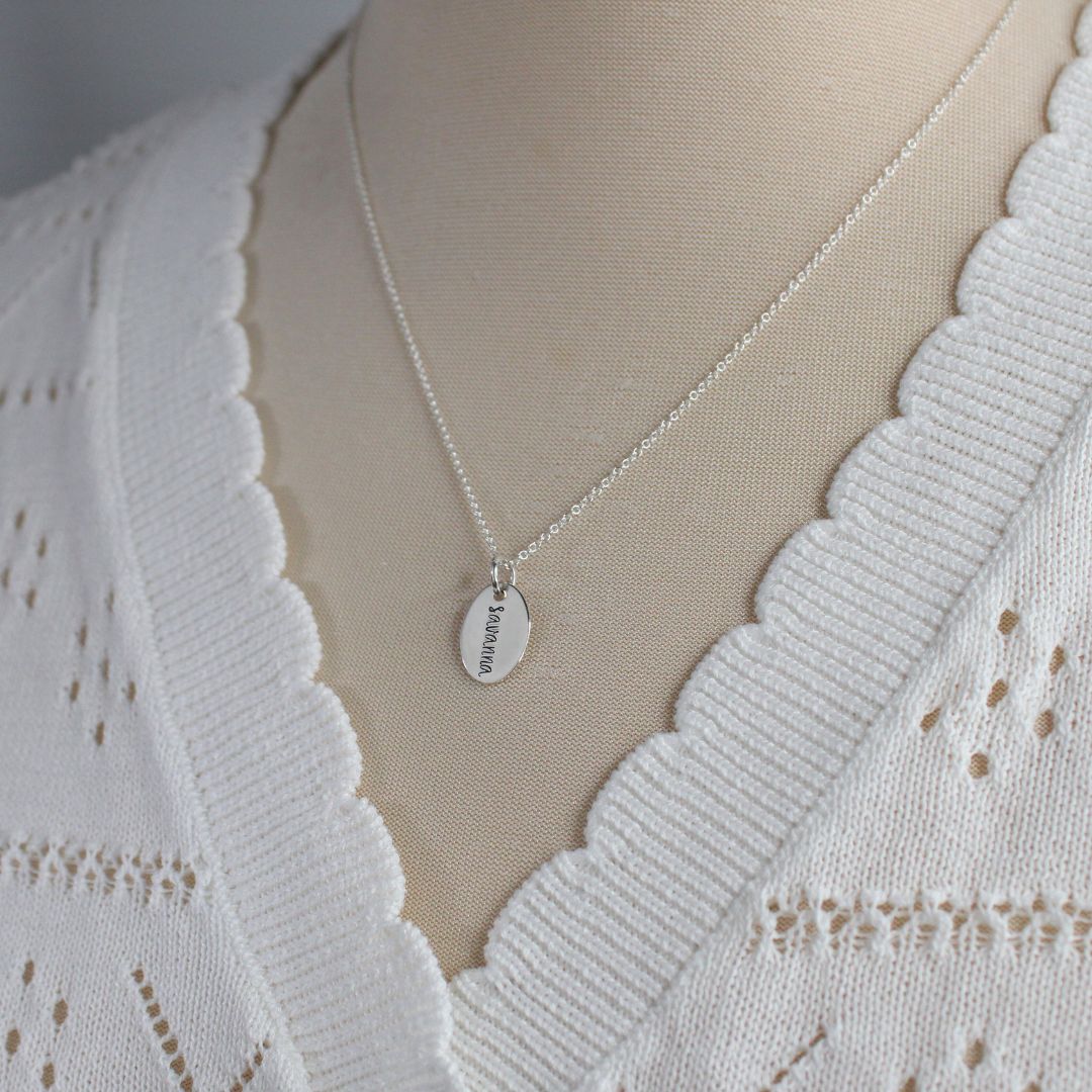 Hand Stamped Name Pendant Necklace - Eva Love Drop