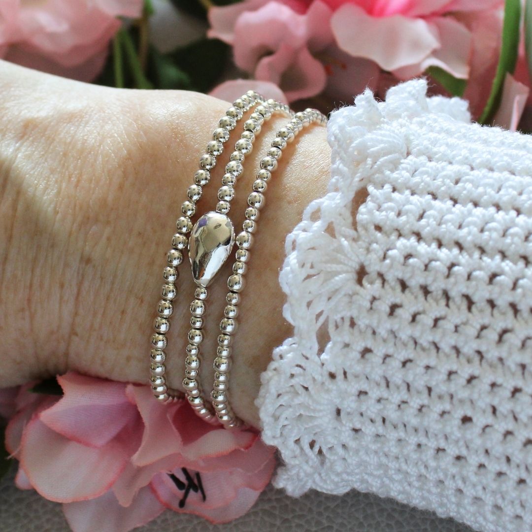 Silver Hammered Pear-Shaped Focal Bead Stacking Bracelet - Amalfi