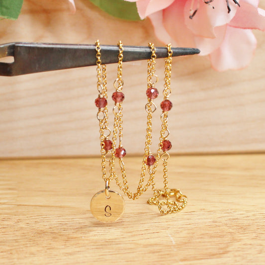 Garnet Station Chain with Initial Charm - Gold-Filled