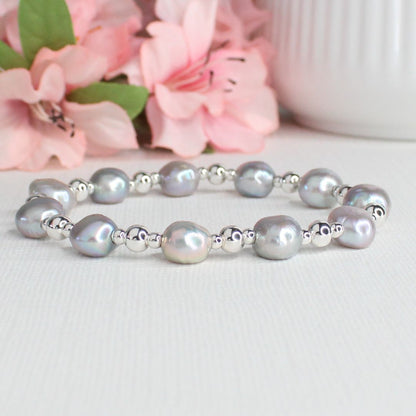 Grey Pearl Sterling Silver Bead Stacking Bracelet - Shadow Tide