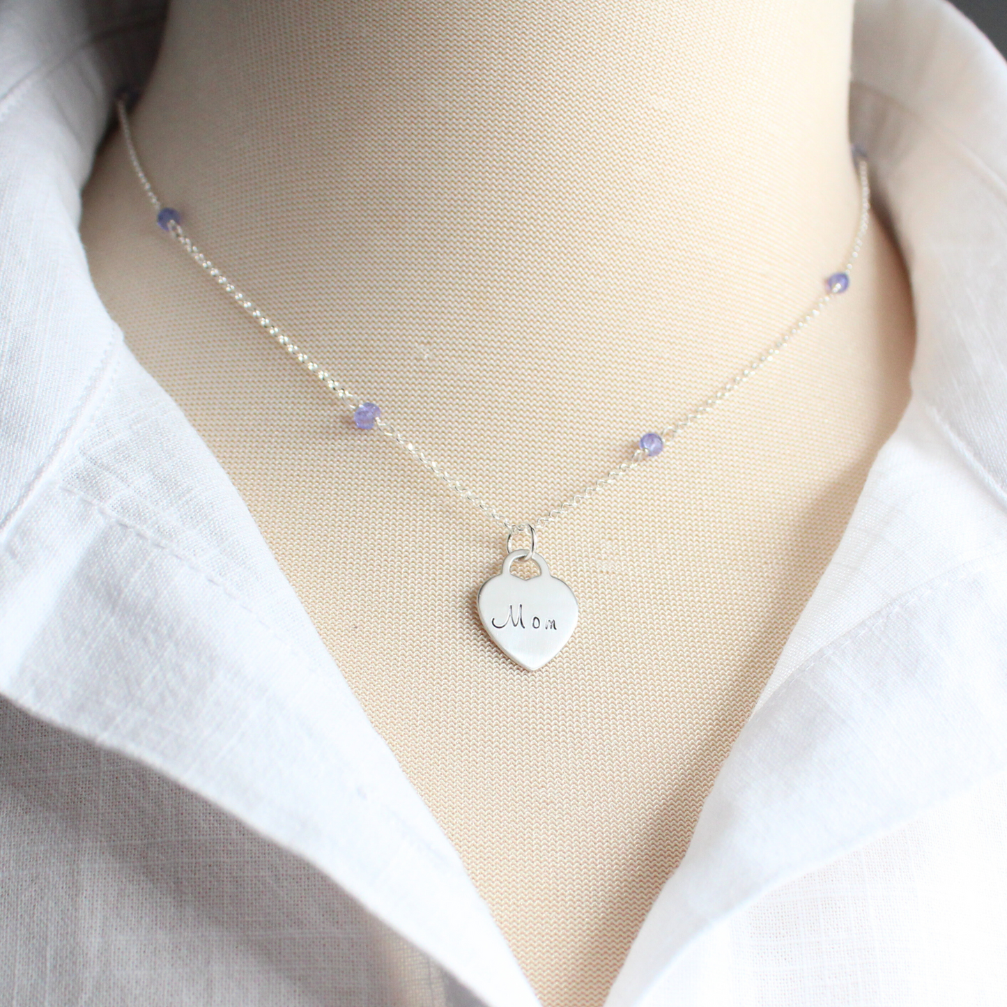 Personalized Small Heart Pendant on Birthstone Station Necklace