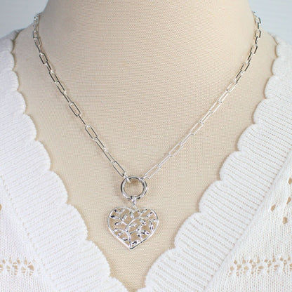 Sterling Silver Tree of Life Heart Pendant - Paperclip Chain with Charmer Clasp
