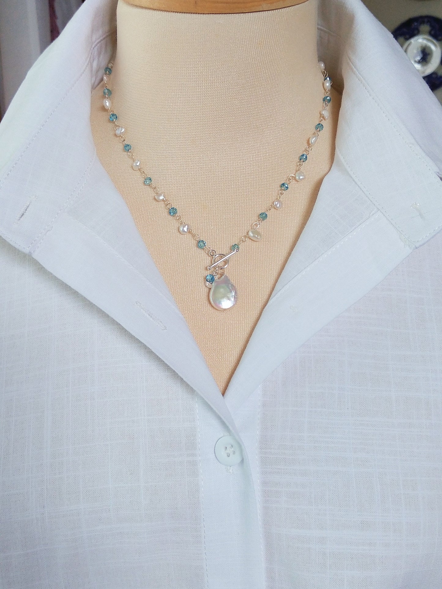 Blue Topaz & Keshi Pearl Sterling Silver Necklace - Harlow