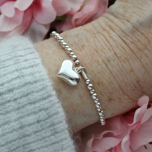 Large Puffed Heart Charm Silver Bead Stacking Bracelet