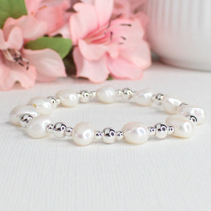 Baroque White Pearl Silver Bead Bracelet - Soltice