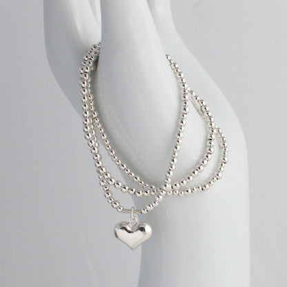 Large Puffed Heart Charm Silver Bead Stacking Bracelet