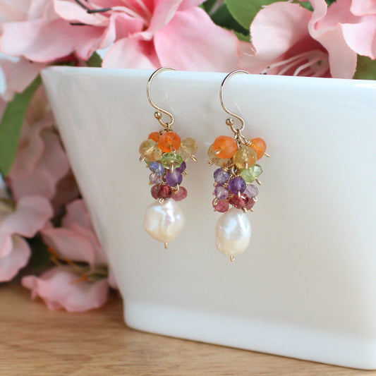 Rainbow Mixed Gemstone and Baroque Pearl Earrings - Feromia