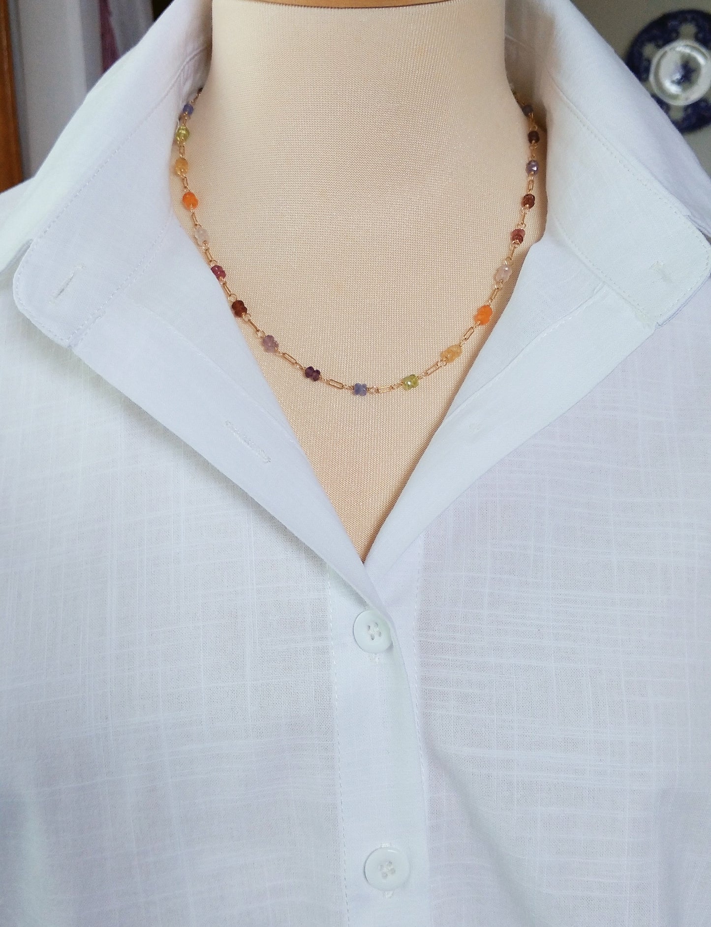 Rainbow Multi Gemstone Necklace with Paperclip Chain Link - Rhea