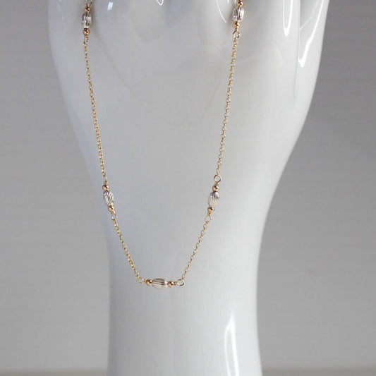 Radiance - Corrugated Melon Mixed Metal Ball Bead Station Chain Necklace - Gold Chain