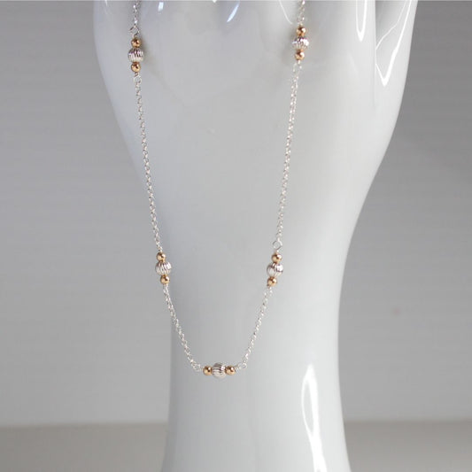Strength - Round Corrugated Mixed Metal Ball Bead Station Chain Necklace -Silver Chain
