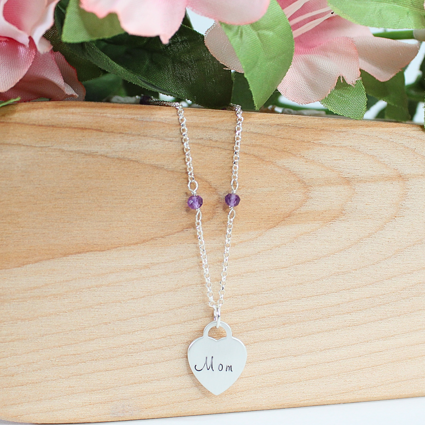 Personalized Small Heart Pendant on Birthstone Station Necklace
