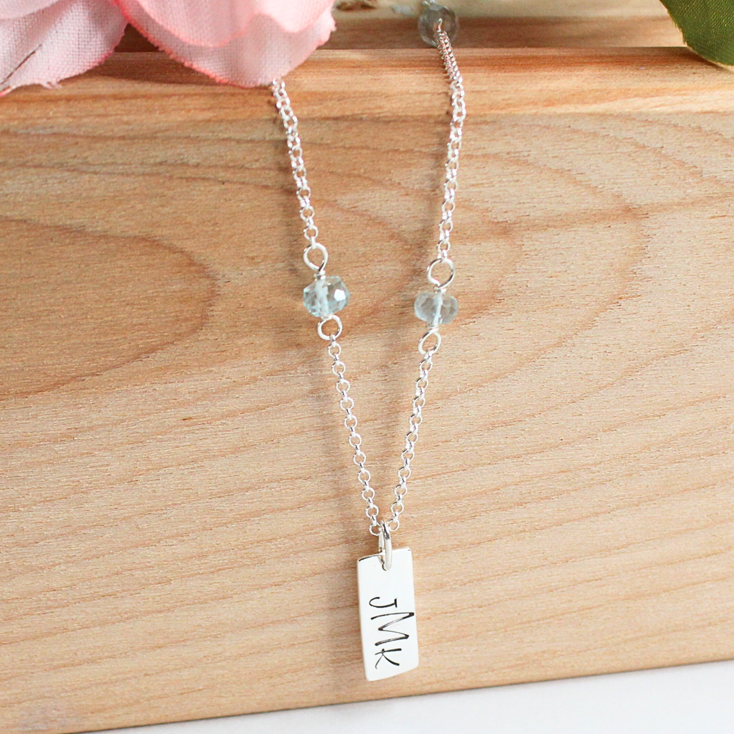 Monogramed Pendant on Birthstone Station  Chain Necklace
