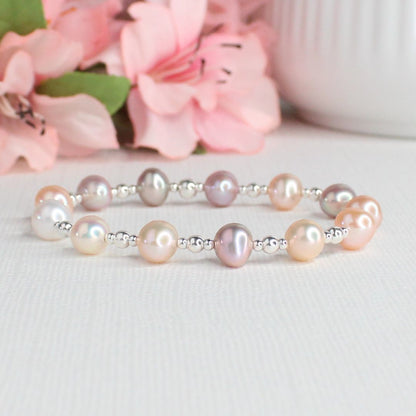 Sterling Silver Beaded Stacking Bracelet with Pastel Pearl  - Morning Dew