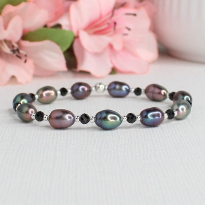 Sterling Silver Beaded Stacking Bracelet with Peacock Pearl & Black Spinel  - Twilight Tide