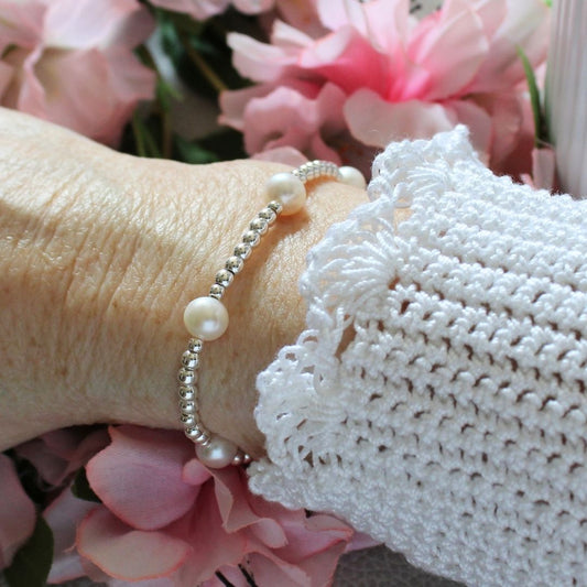 Pearl Sterling Silver Bead Stacking Bracelet - Moonlight Glow