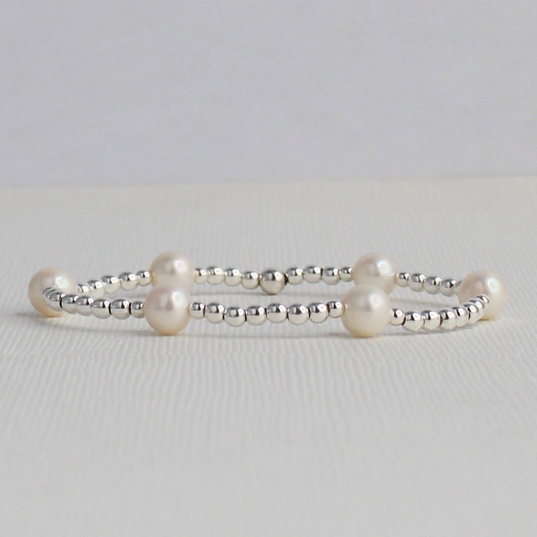 Pearl Sterling Silver Bead Stacking Bracelet - Moonlight Glow