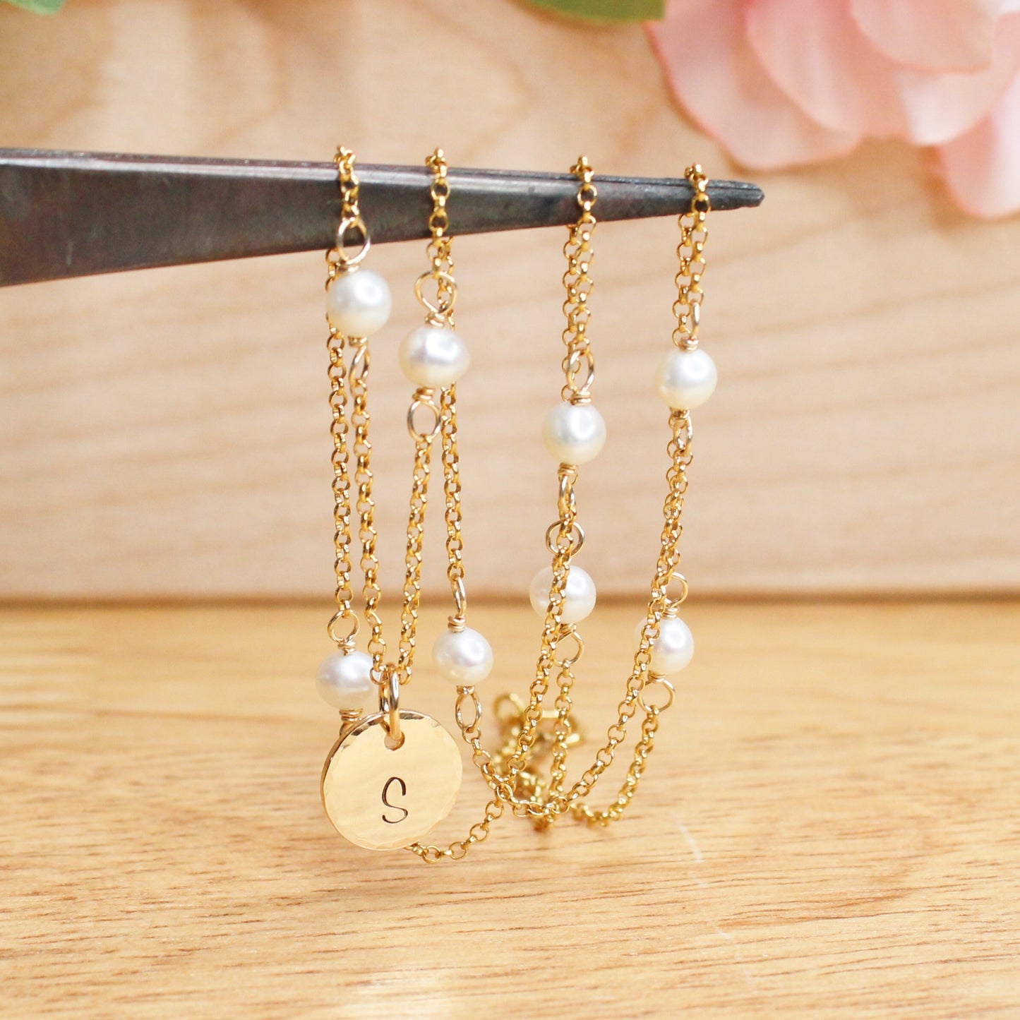 Pearl Station Chain with Initial Charm - Gold-Filled