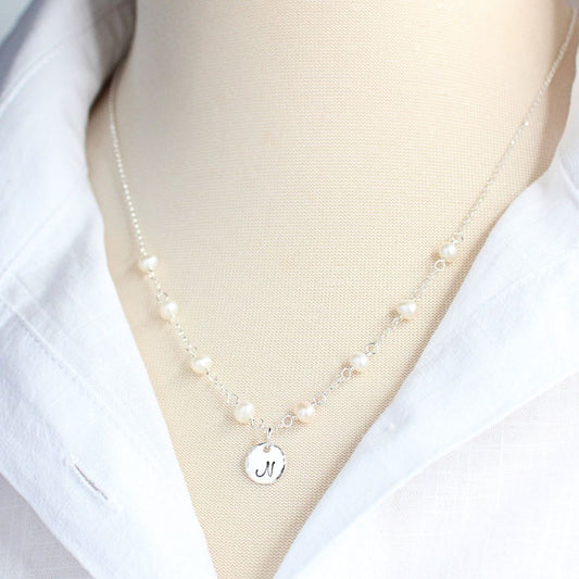 Round-Initial Charm on Birthstone Station Chain Necklace
