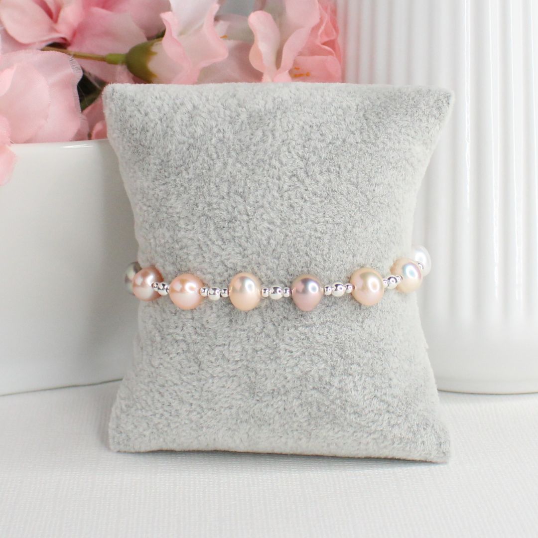 Sterling Silver Beaded Stacking Bracelet with Pastel Pearl  - Morning Dew