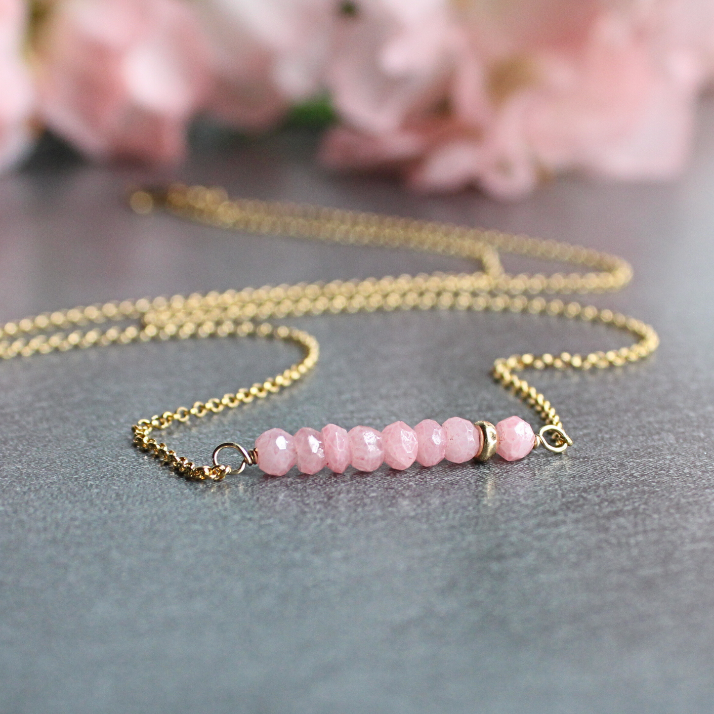 Pink Agate Gemstone Bar Necklace Gold Filled Limited Edition