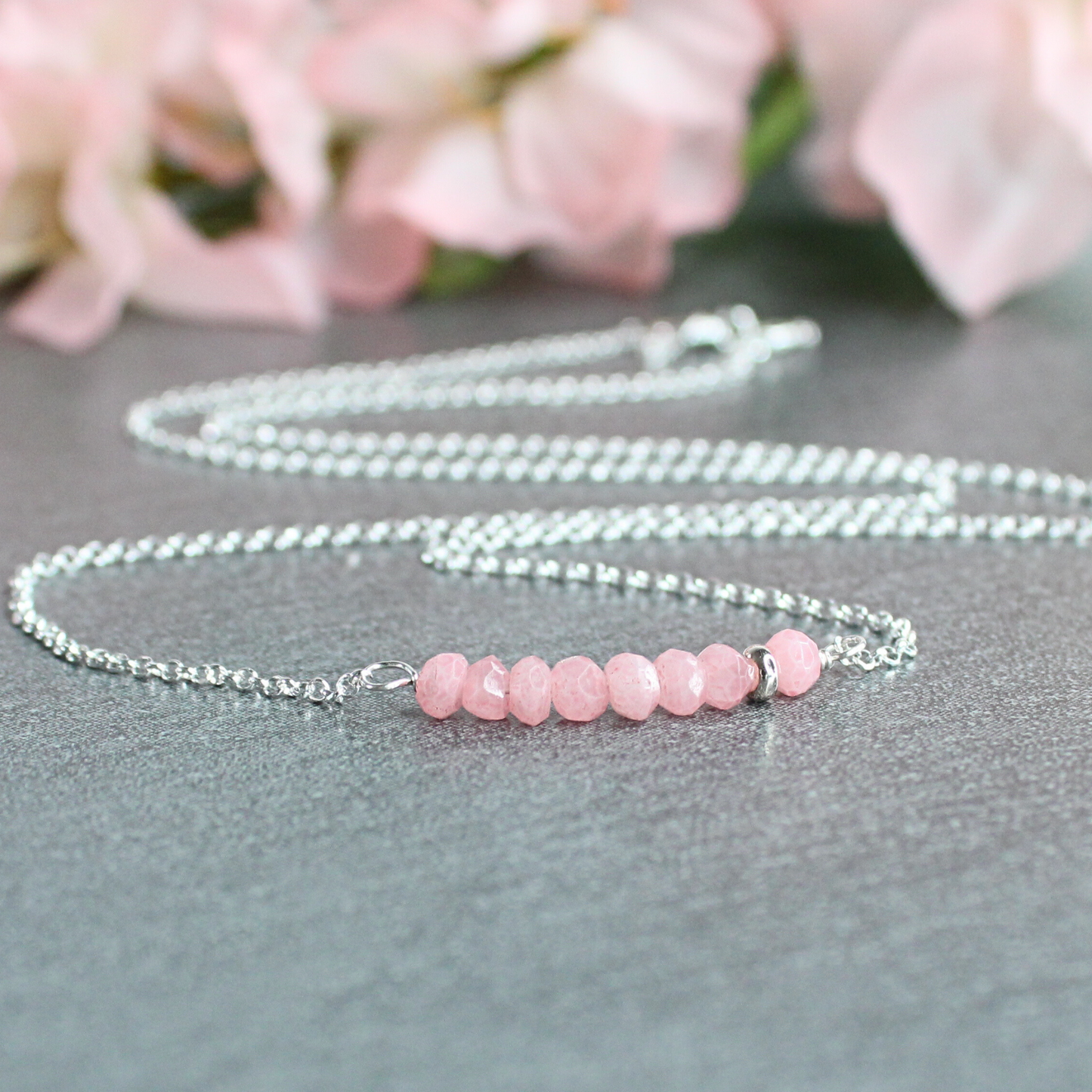 Pink Agate Gemstone Bar Necklace Sterling Silver Limited Edition