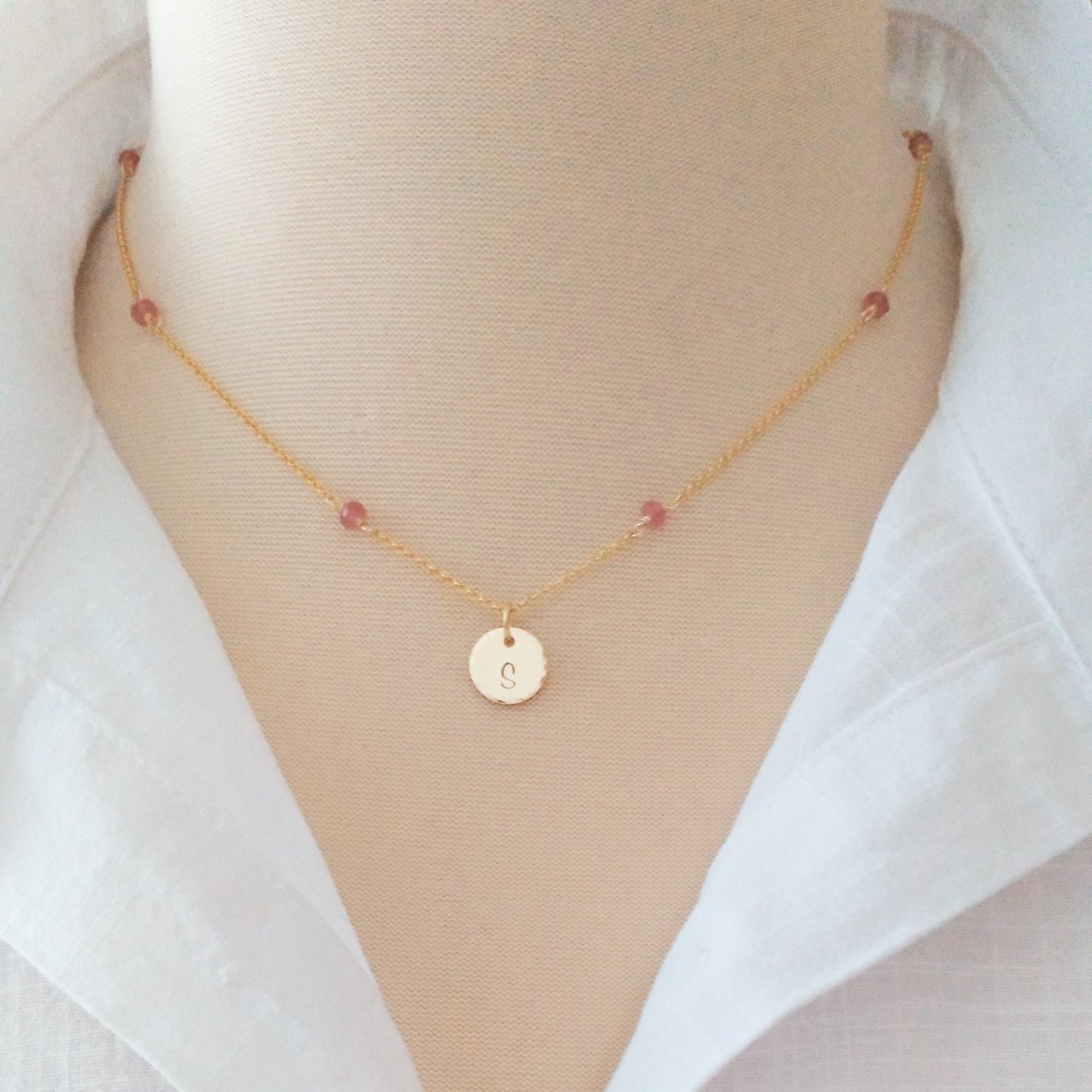Pink Tourmaline Station Chain with Initial Charm - Gold-Filled