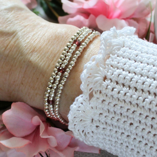 Rhodolite Garnet Sterling Silver Bead Stacking Bracelet - Berry Luxe