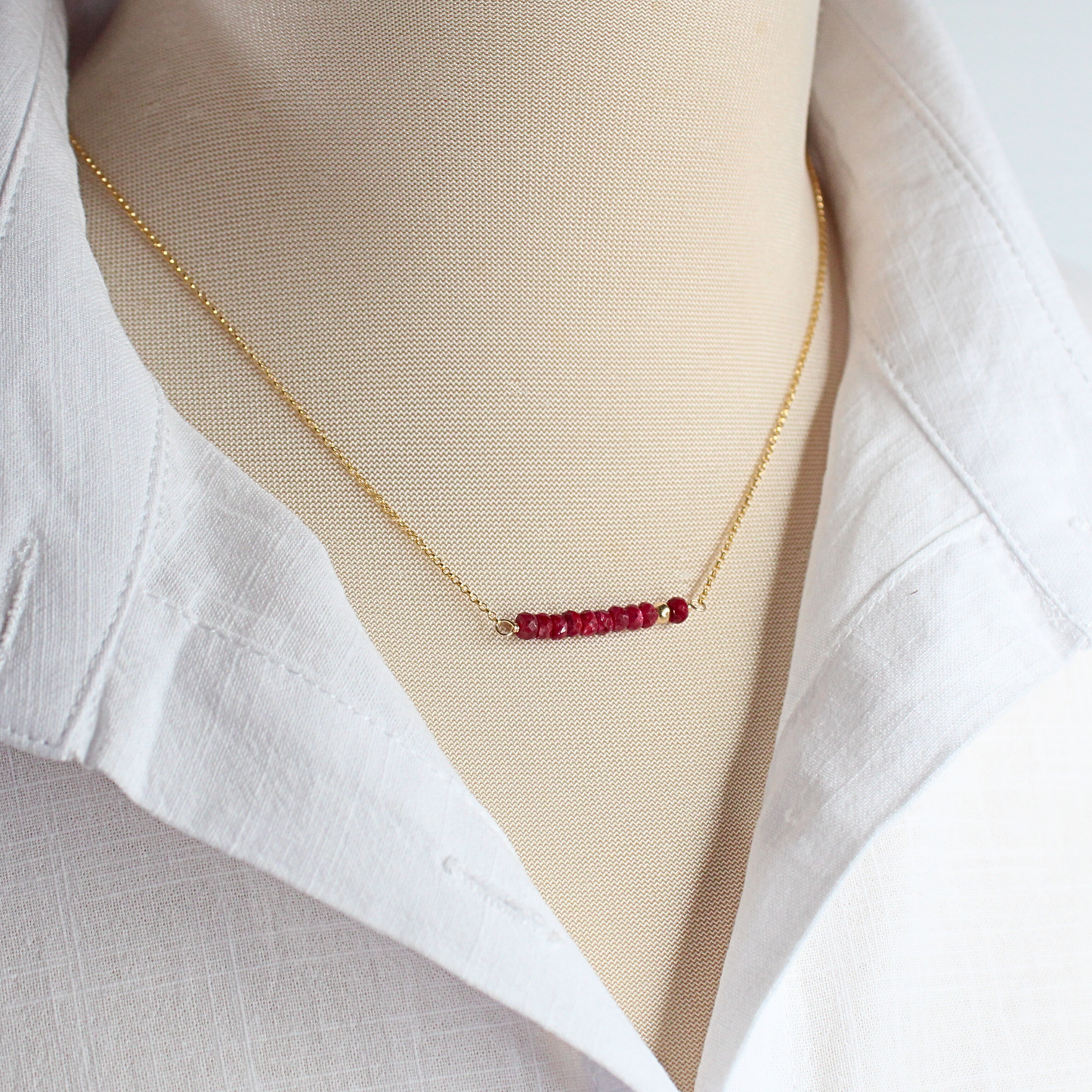 Ruby Birthstone Bar Necklace Gold Filled