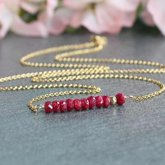 Ruby Birthstone Bar Necklace Gold Filled