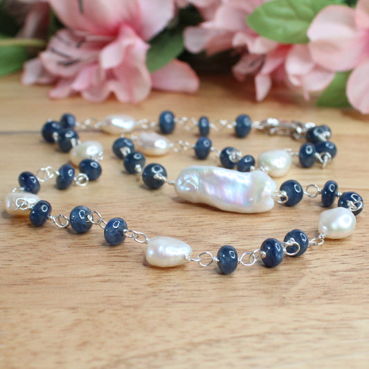 Sapphire & Pearl Sterling Silver Necklace - Sky