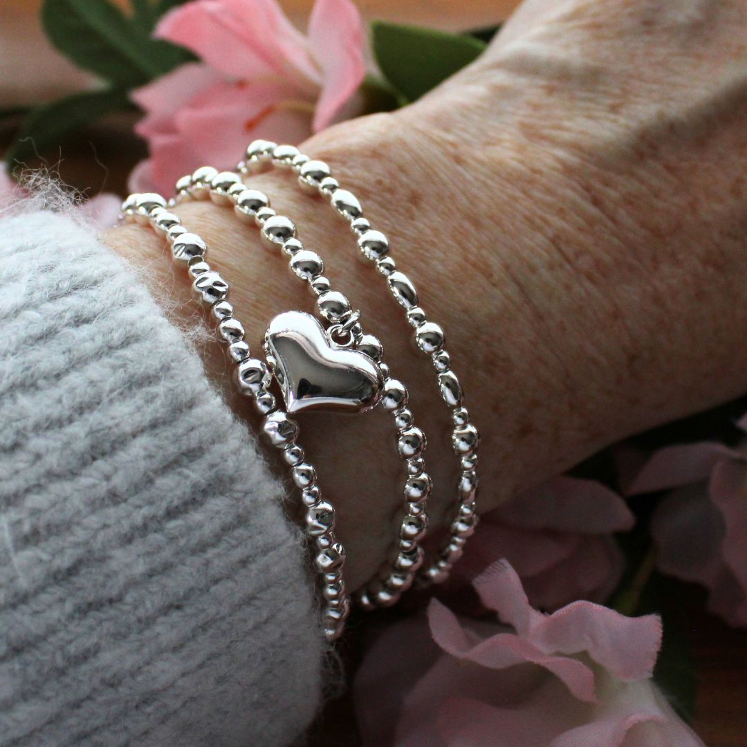 Large Puffed Heart Charm Silver Bead Stacking Bracelet - Lydia