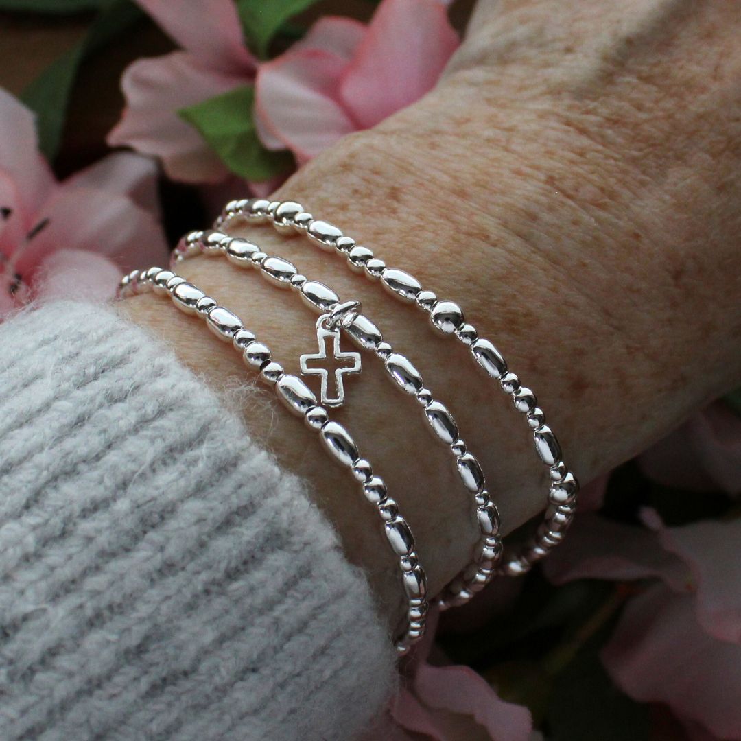Small Open Cross Charm Silver Bead Stacking Bracelet - Anna