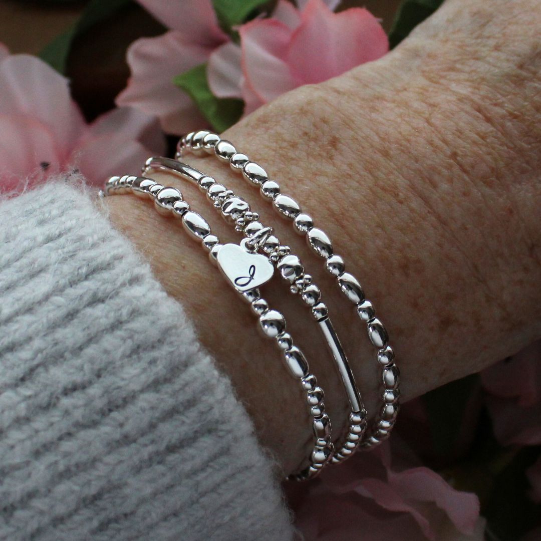 Silver Beaded Bracelet Stack –  Personalized Valentina Petite Love Drop