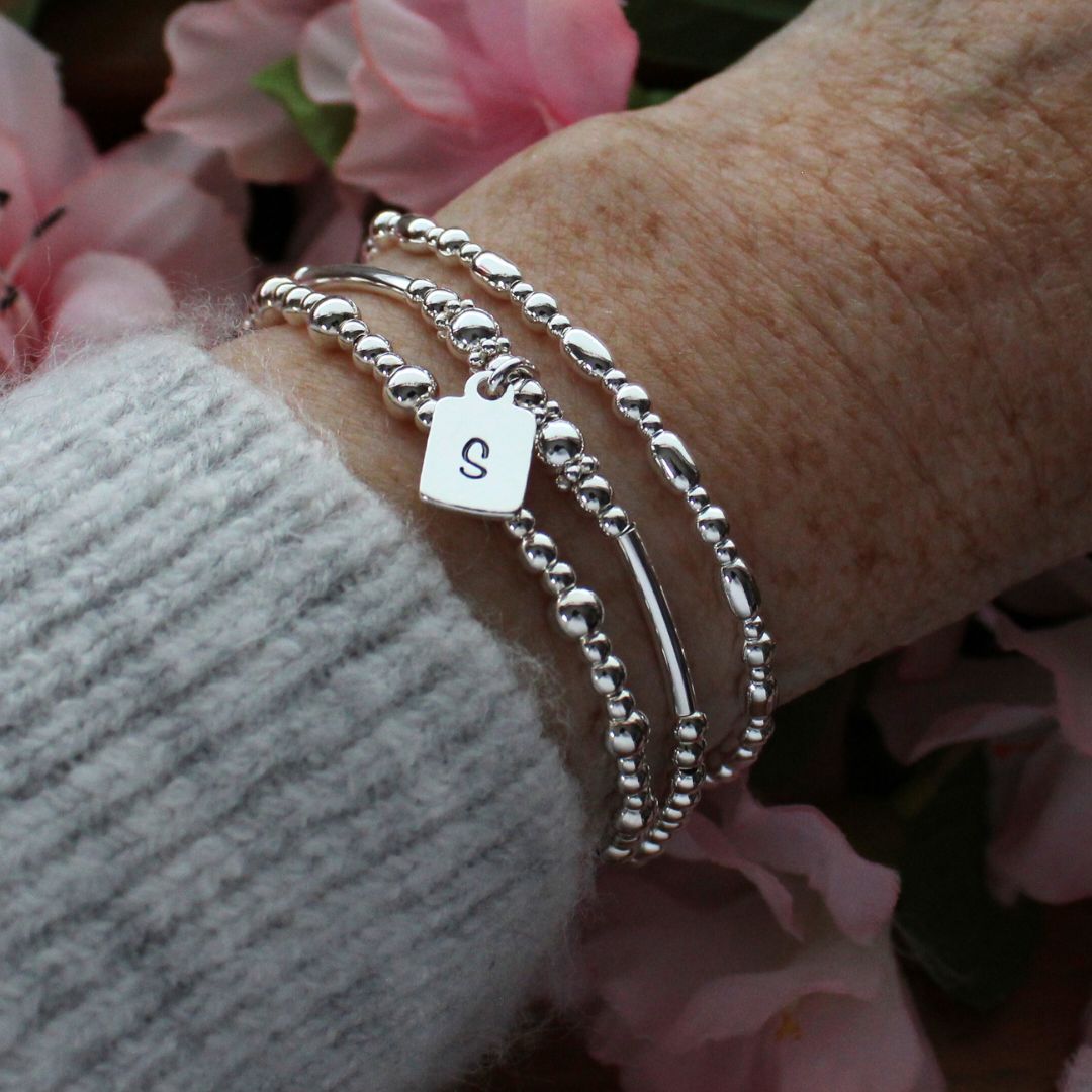 Silver Beaded Bracelet Stack –  Personalized Isla Love Drop