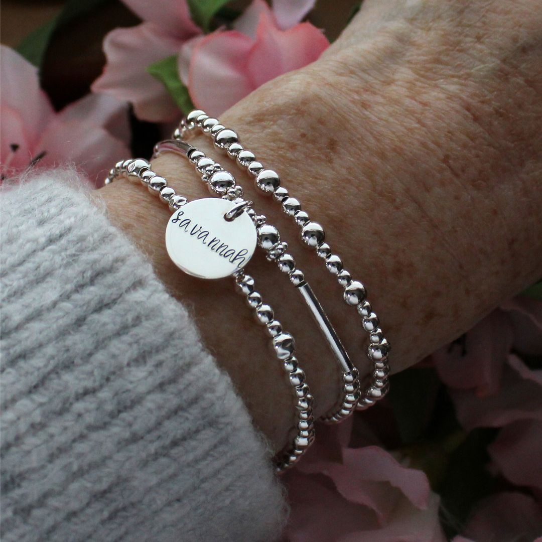 Silver Beaded Bracelet Stack –  Personalized Bella Love Drop