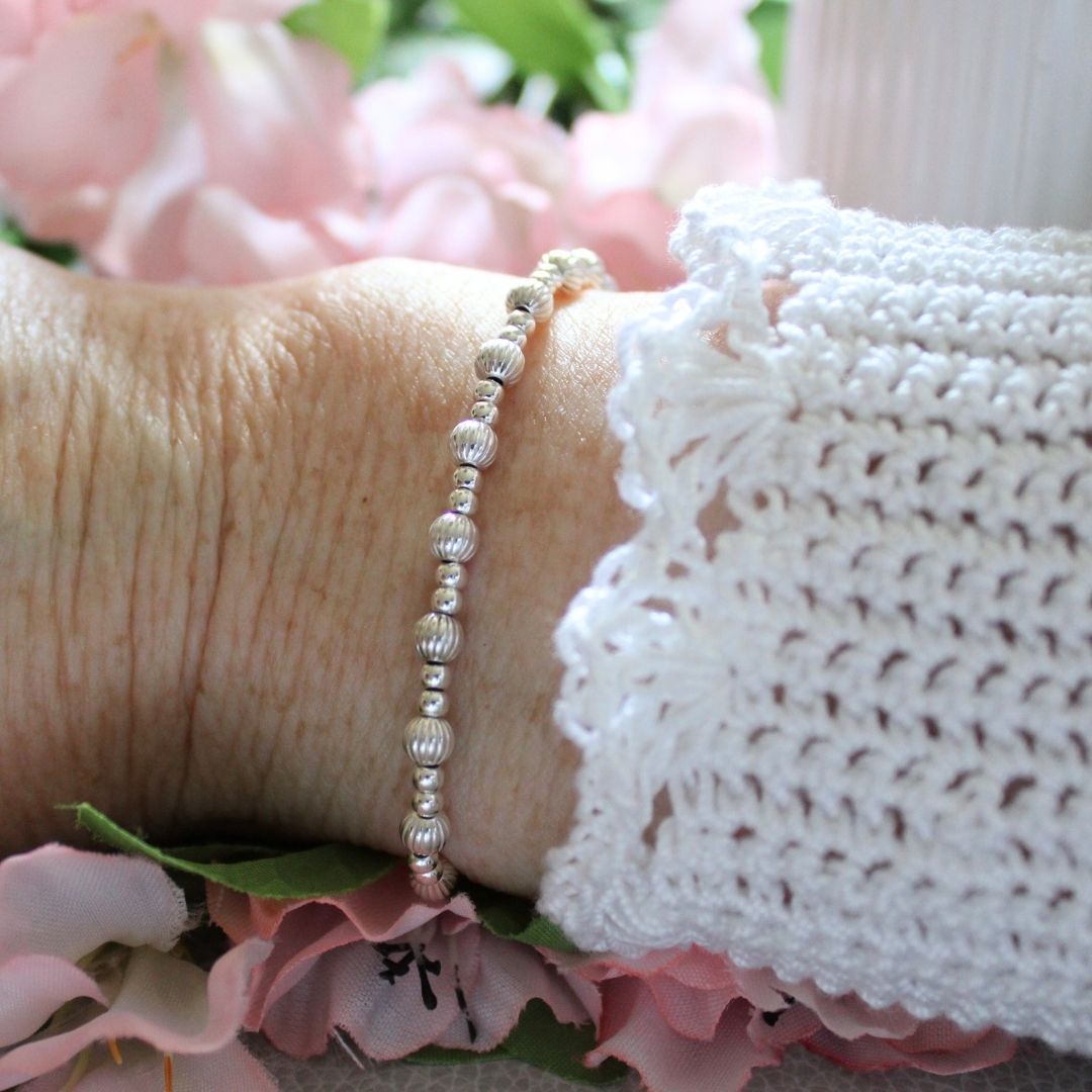 Sterling Silver Corrugated & Plain Beaded Stacking Bracelet - Cagliari