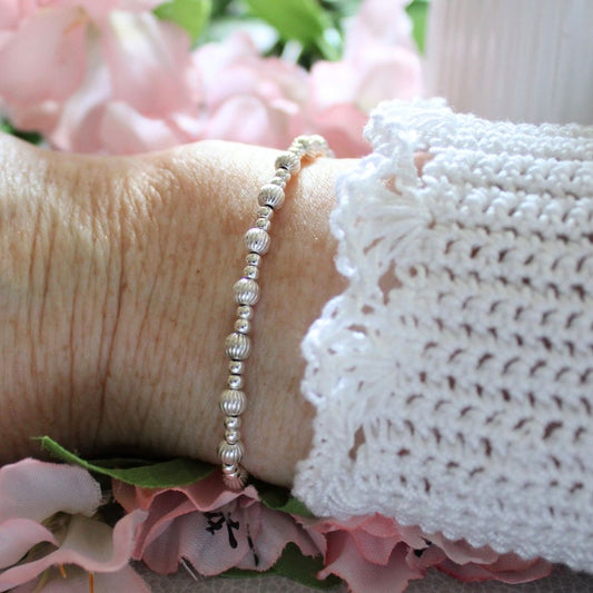 Sterling Silver Corrugated & Plain Beaded Stacking Bracelet - Cagliari