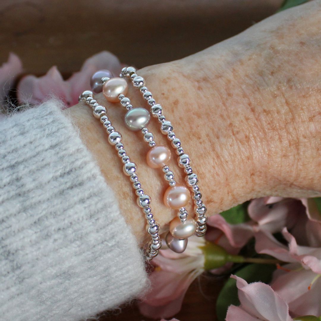 Sterling Silver Beaded Stacking Bracelet with Pastel Pearl  - Morning Dew