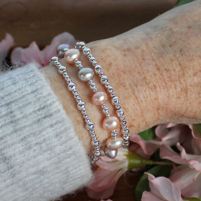 Sterling Silver Beaded Stacking Bracelet with Pastel Pearl  - Morning Dew