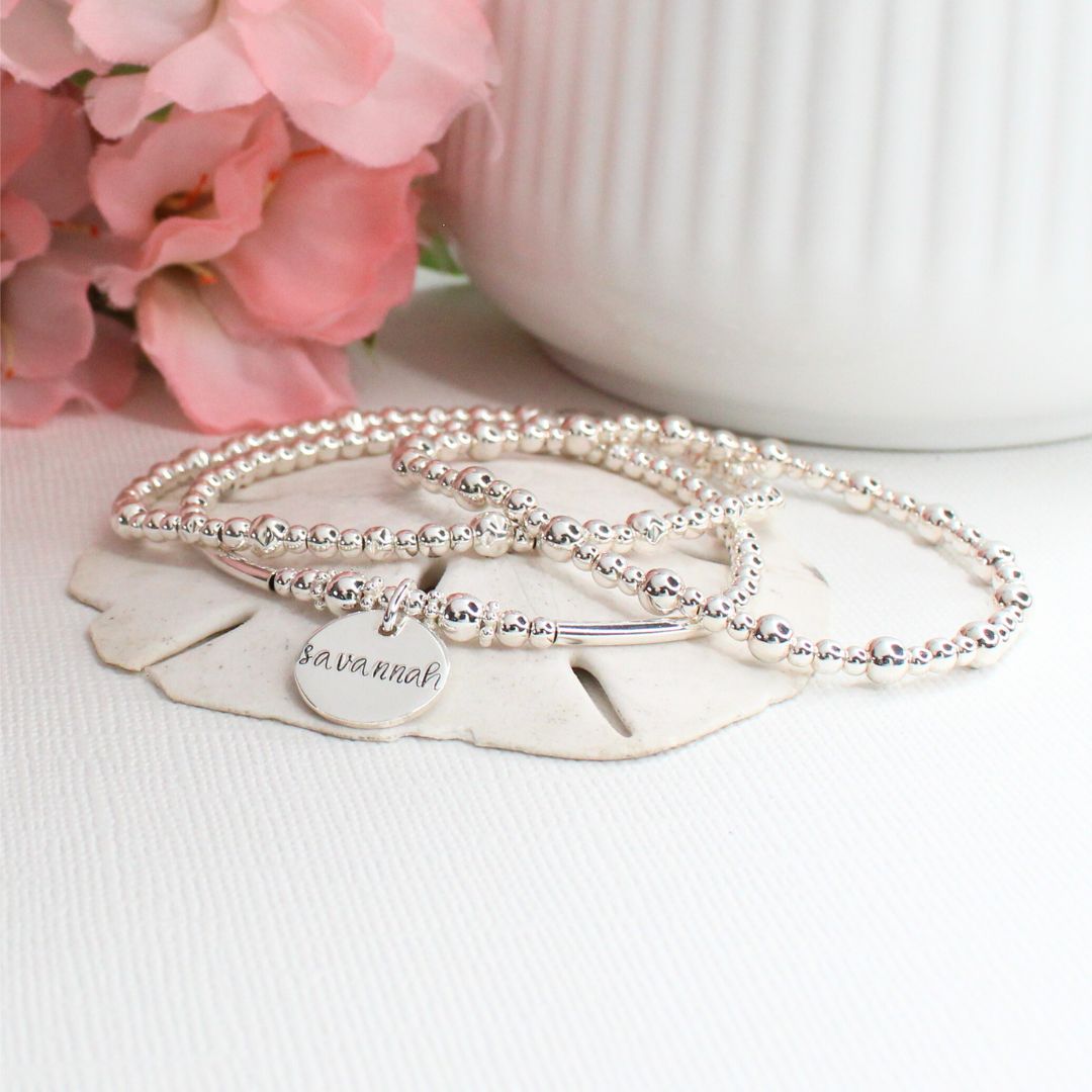 Silver Beaded Bracelet Stack –  Personalized Bella Love Drop